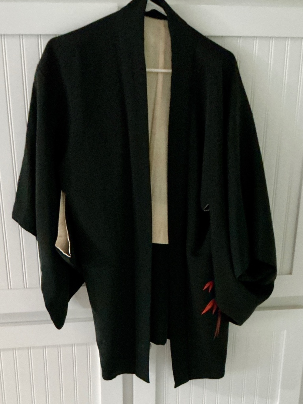 Vintage Black Silk Kimono (Haori) Jacket with Red Painted Bamboo Design
